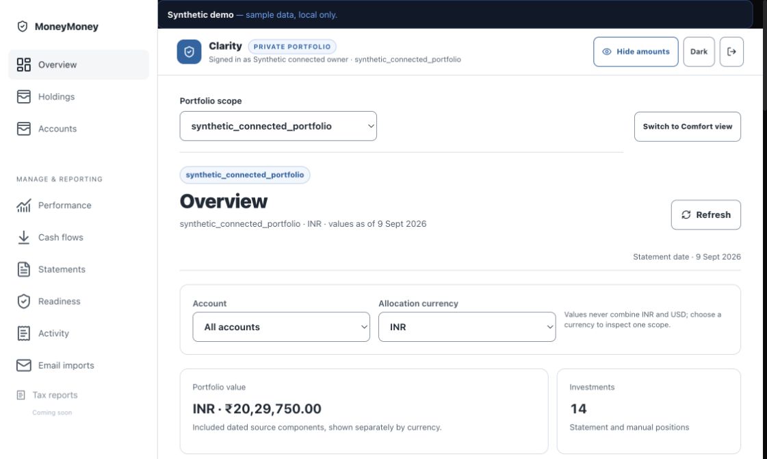 Public Clarity demo running locally with synthetic portfolio data