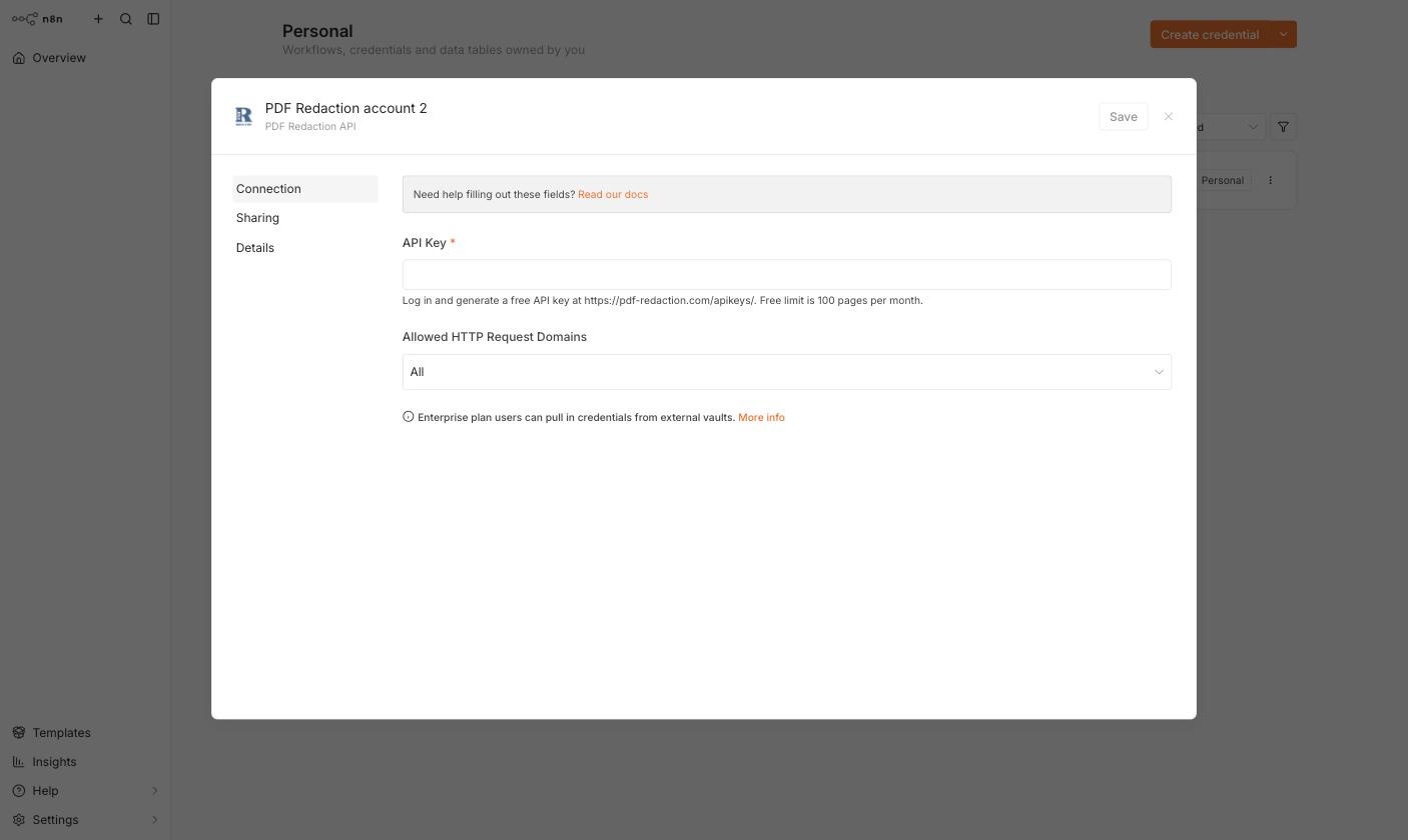 PDF Redaction API credential form in n8n with the API Key field