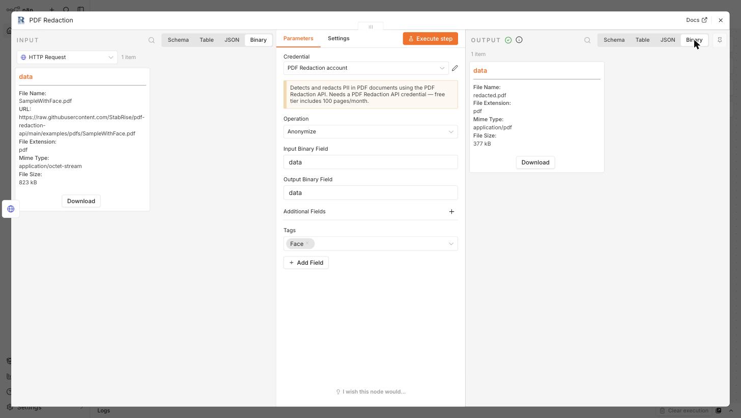Output binary panel showing the resulting PDF file
