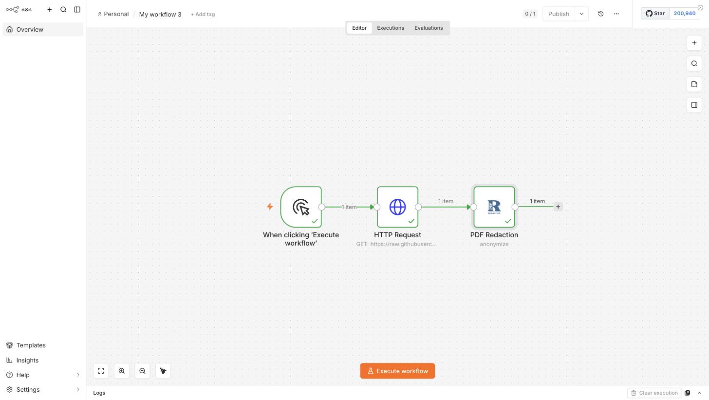 Complete n8n workflow: Manual Trigger, HTTP Request, and PDF Redaction nodes, all executed successfully