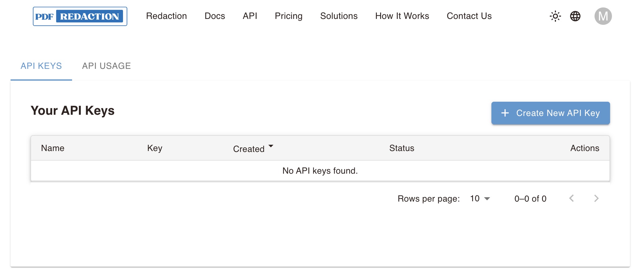 PDF Redaction API Keys page