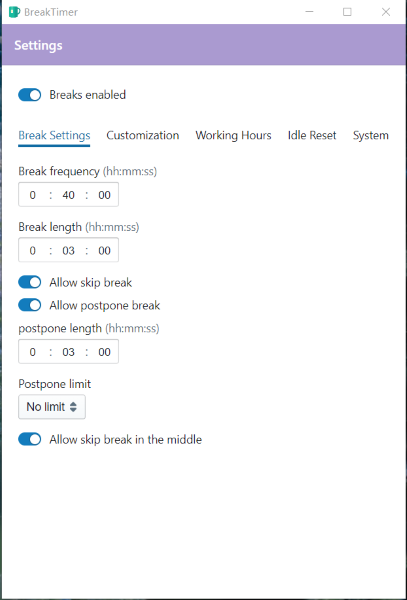 settings panel