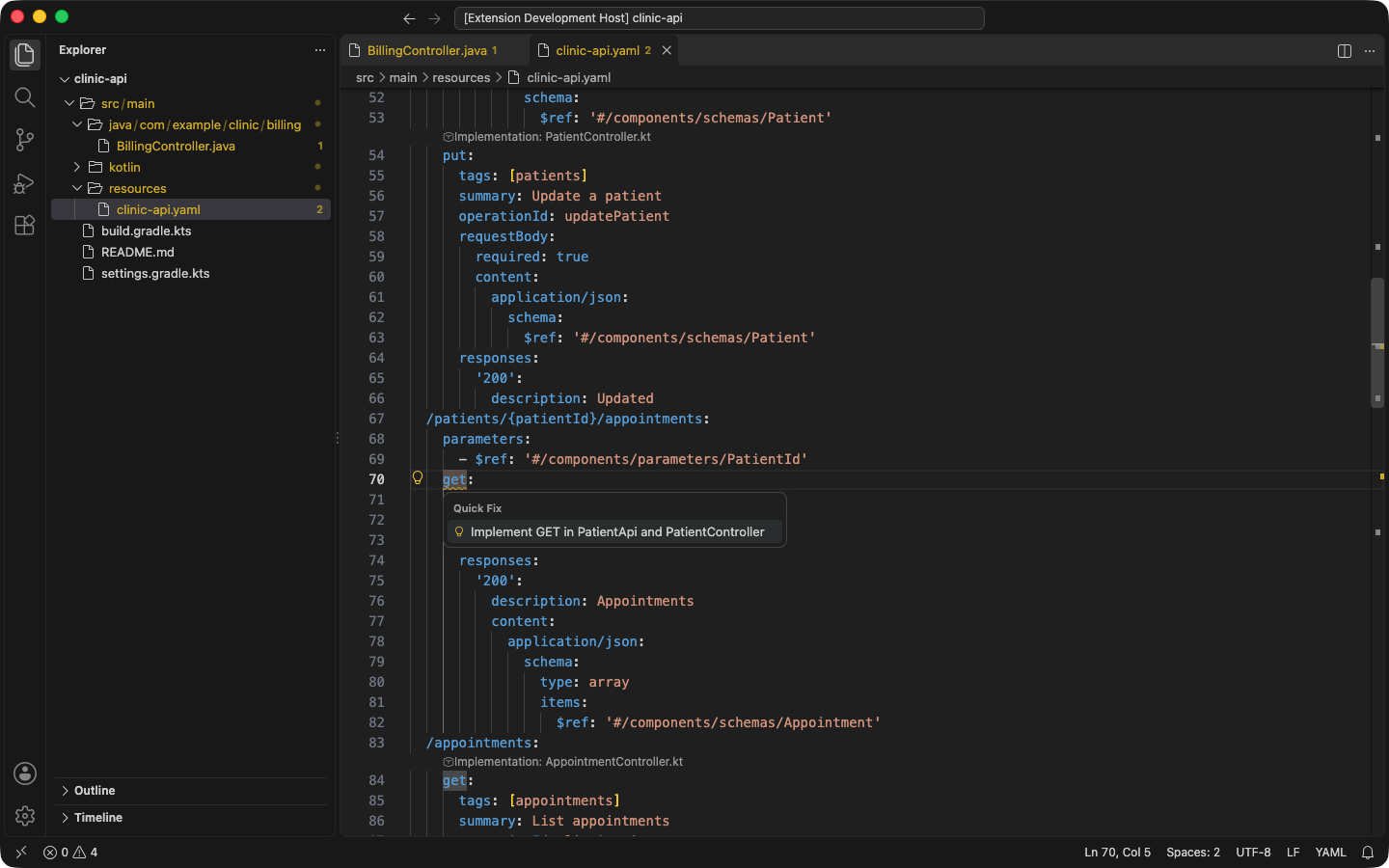 The quick-fix menu on a missing operation in the OpenAPI YAML offers Implement GET in PatientApi and PatientController.