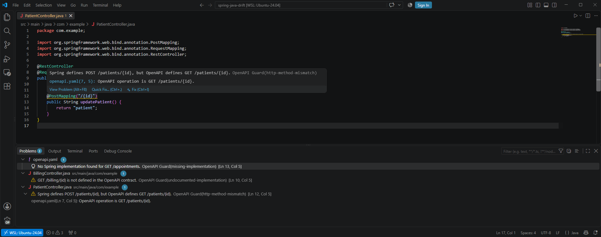 OpenAPI Guard showing a Spring HTTP method mismatch and three endpoint contract issues in the VS Code Problems panel