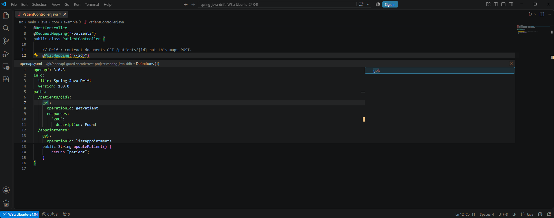OpenAPI Guard navigating from a Spring mapping to its OpenAPI operation with VS Code Peek Definition