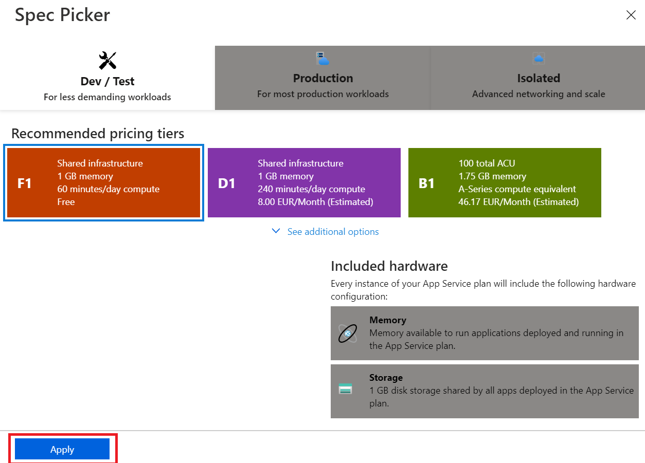 App Service Select SKU