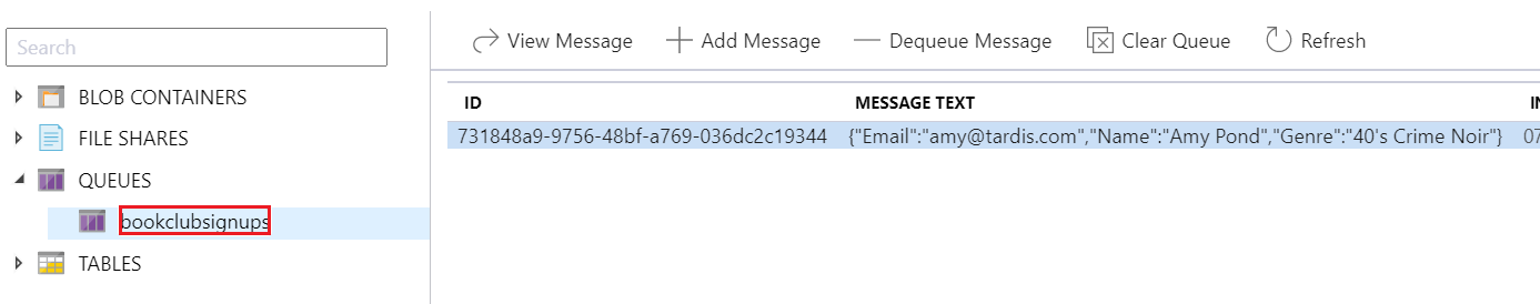 Azure Portal Storage Explorer with Queue Data