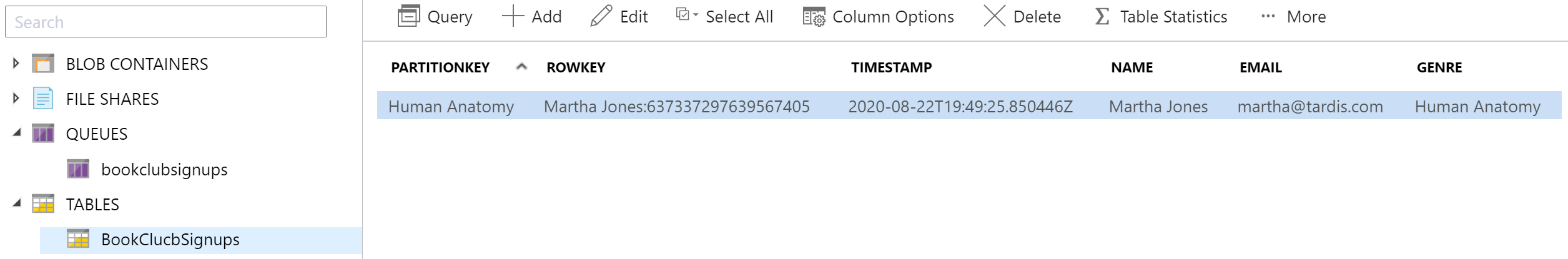 Azure Portal Storage Explorer Table