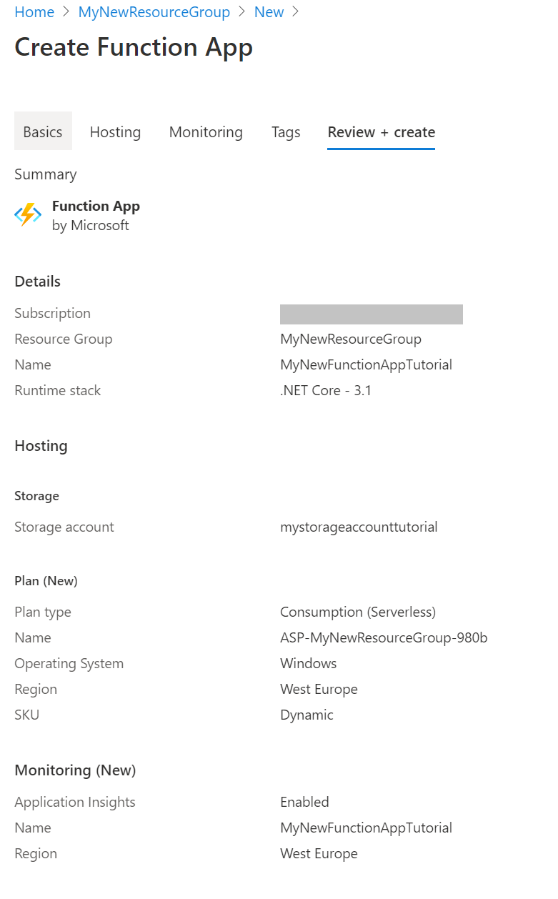 Function App Creation Review