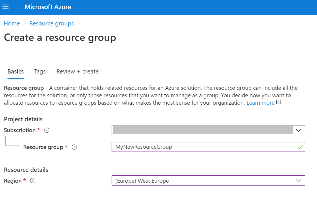 New Resource Group Blade