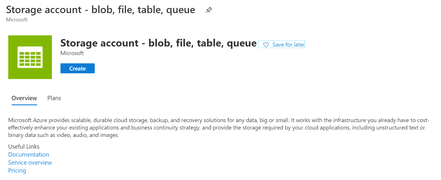 Storage Account Marketplace Page