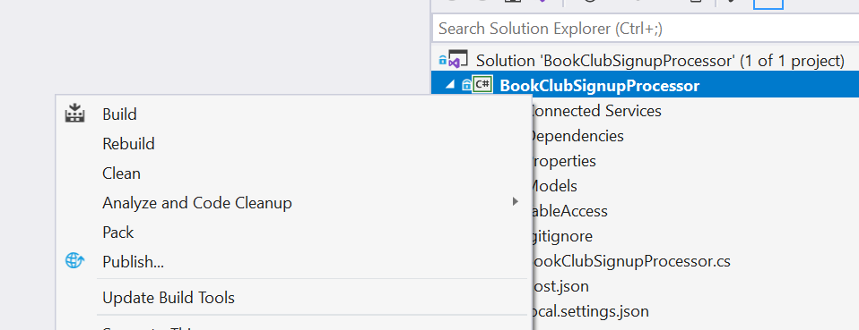Visual Studio Right Click SignupApi Project