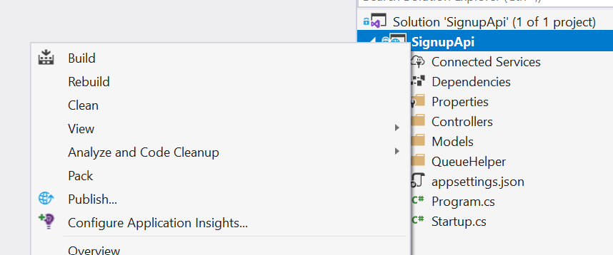 Visual Studio Right Click SignupApi Project