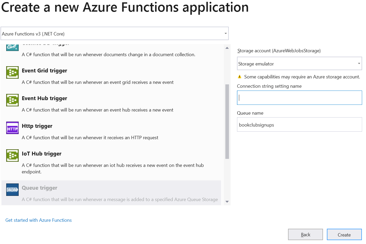 Visual Studio 2019 Set Azure Function Trigger Type