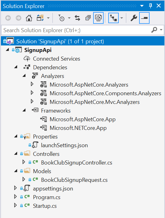 Solution Explorer in VS 2019 for the empty start project