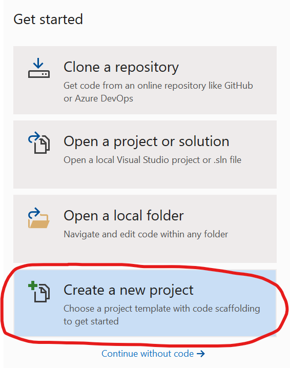 Visual Studio 2019 Create New Project Startup Screen