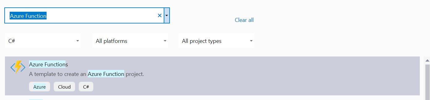 Visual Studio 2019 Select Azure Function Project
