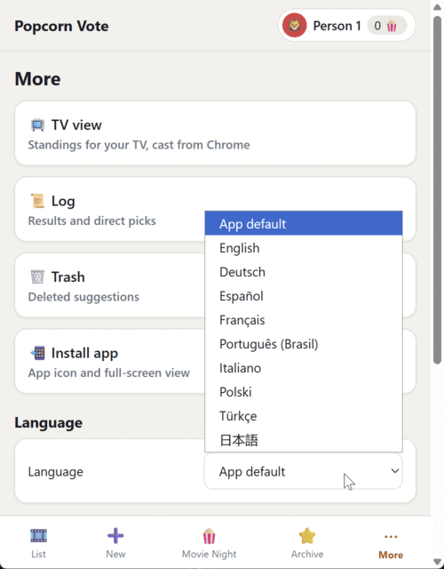 More menu with interface language settings