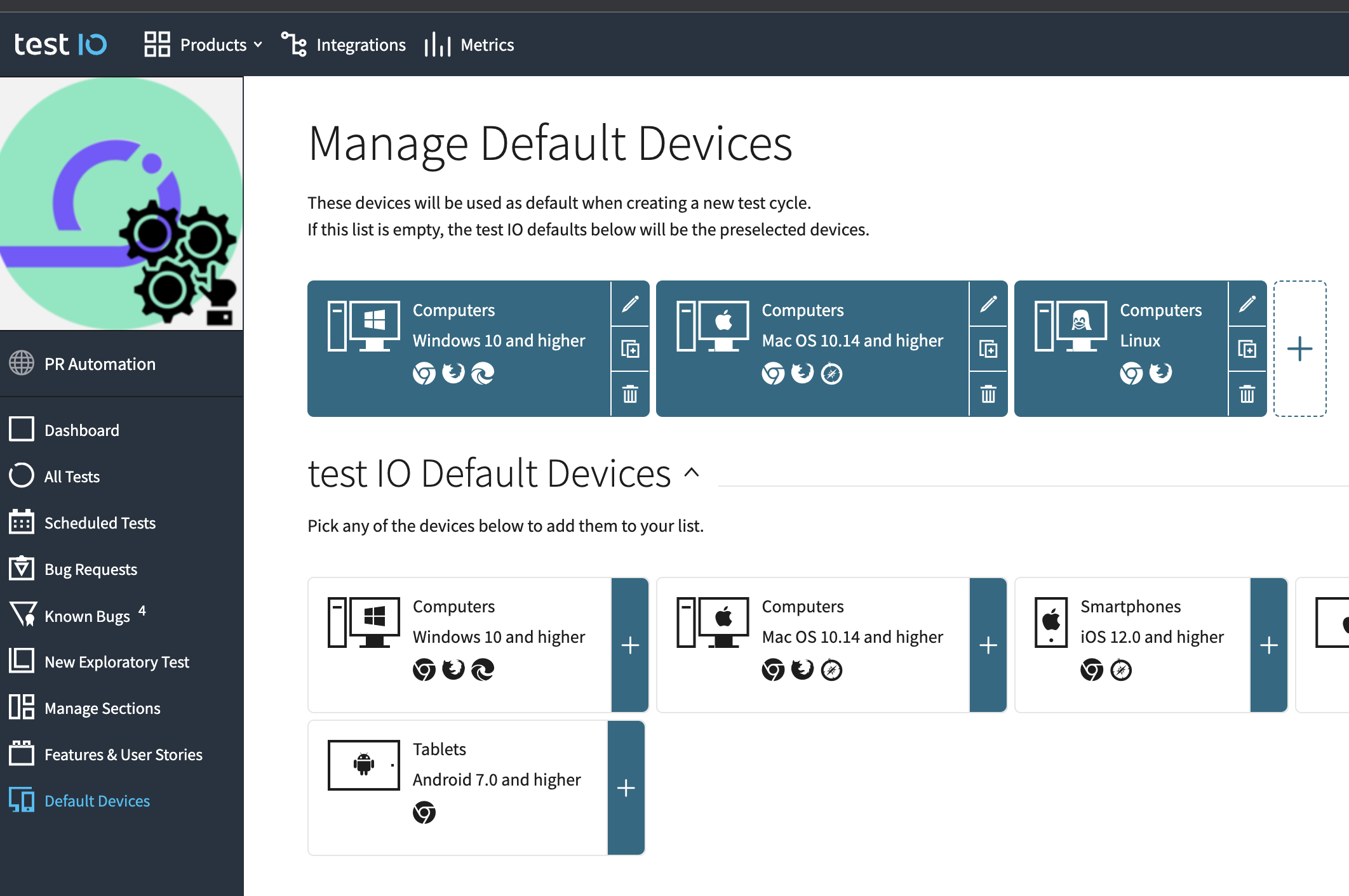 manage default TestIO devices