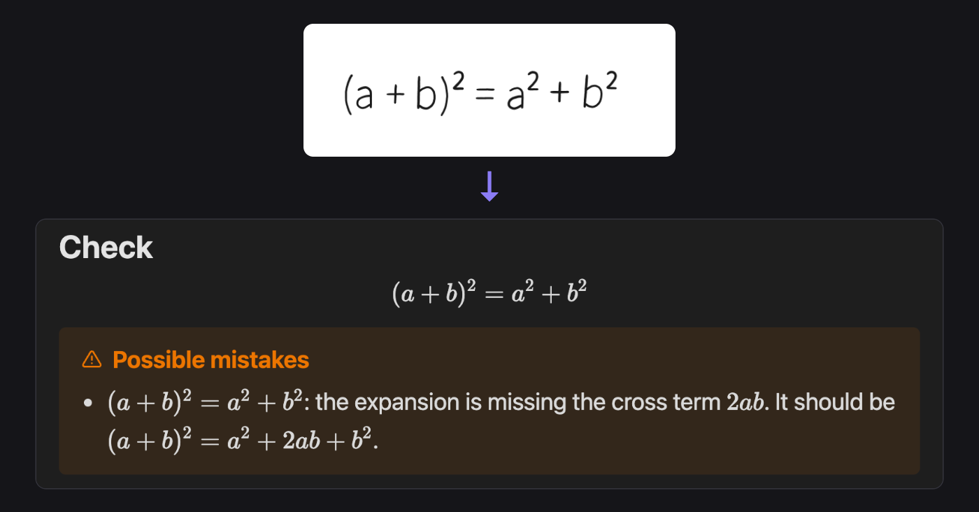 (a + b)² = a² + b², transcribed as written, with a warning that the cross term 2ab is missing