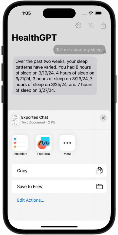 Screenshot showing chat export for HealthGPT.