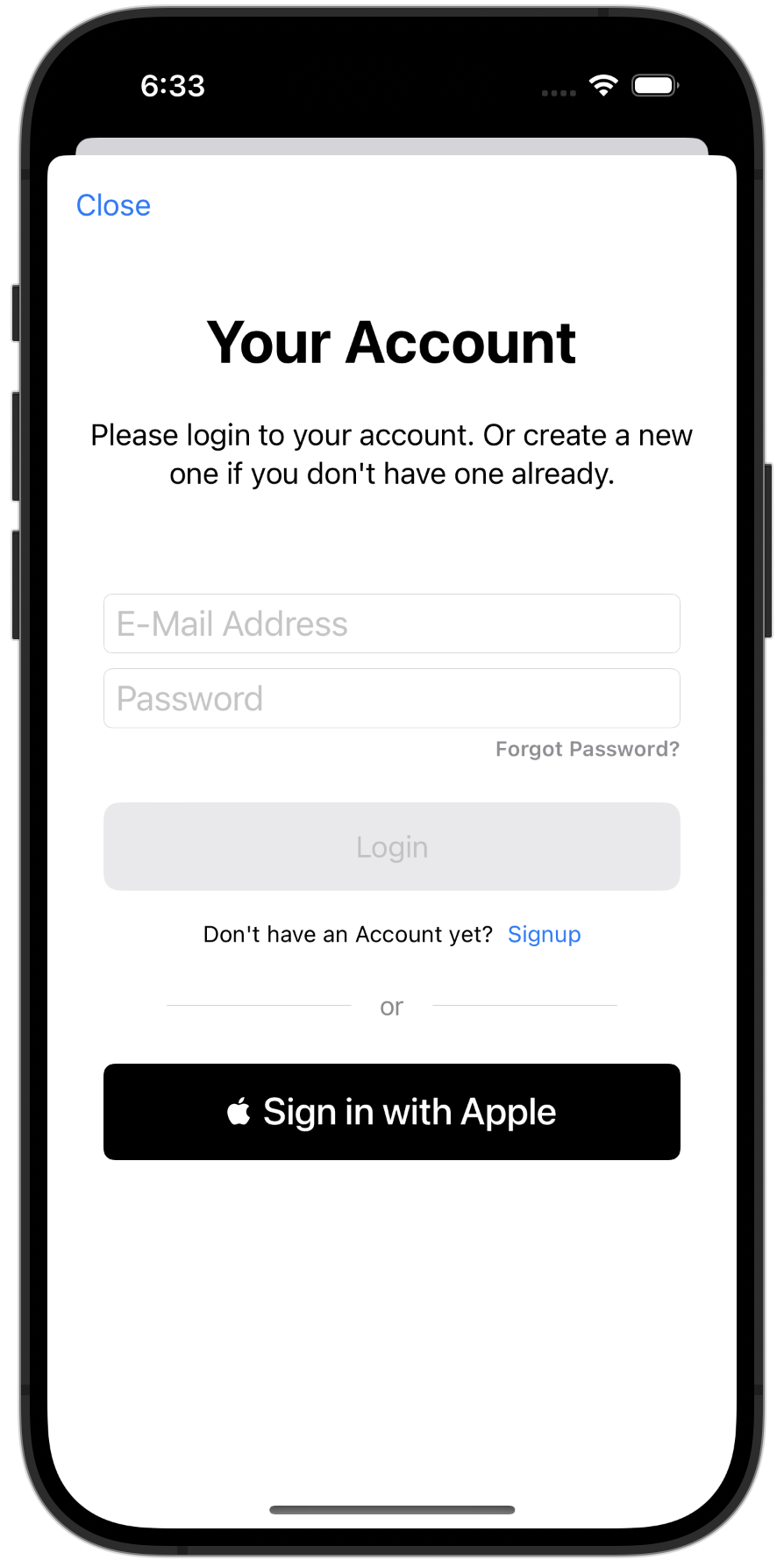 Screenshot displaying the account setup view with an email and password prompt and a Sign In with Apple button using the Spezi Account module.