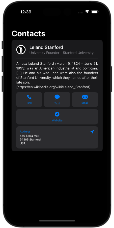 Screenshot displaying the UI of the contact module.