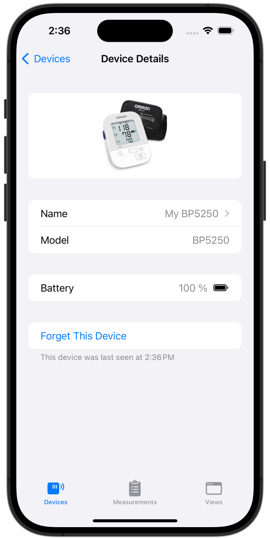 Displaying the device details of a paired device with information like Model number and battery percentage.