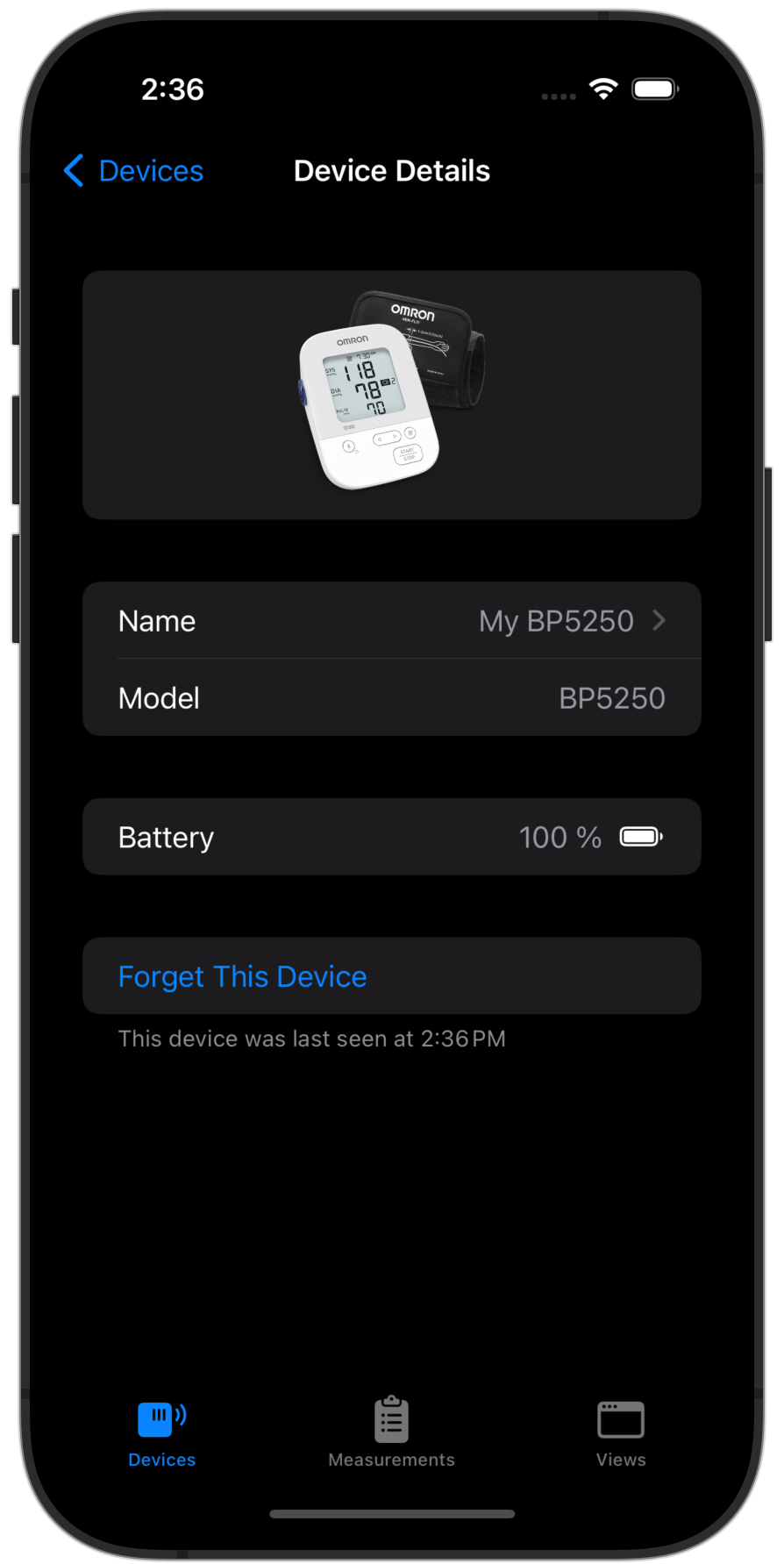 Displaying the device details of a paired device with information like Model number and battery percentage.