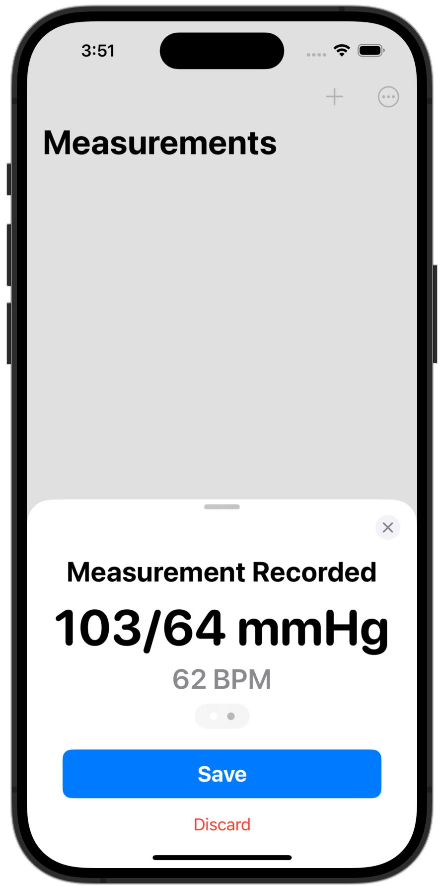 Showing a newly recorded blood pressure measurement.