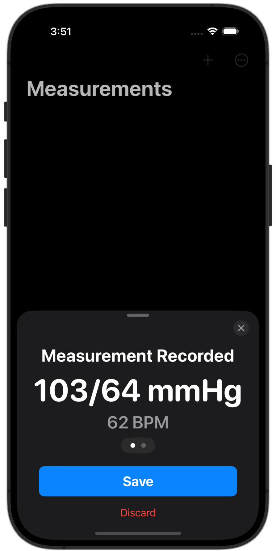 Showing a newly recorded blood pressure measurement.