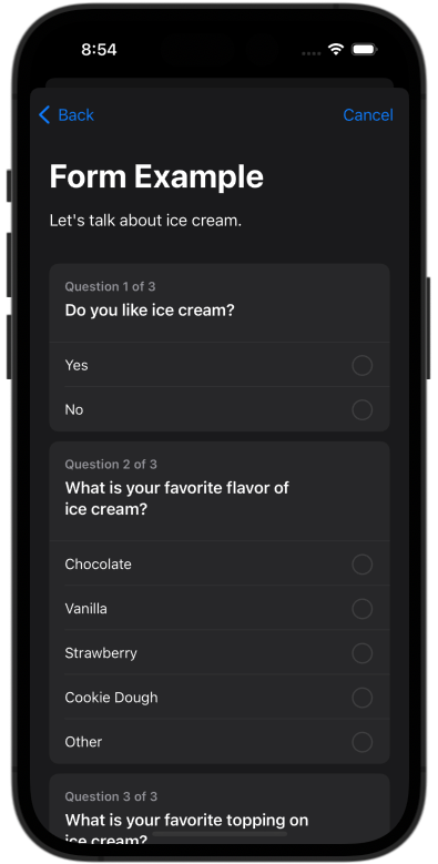 Screenshot displaying the UI of the questionnaire module.