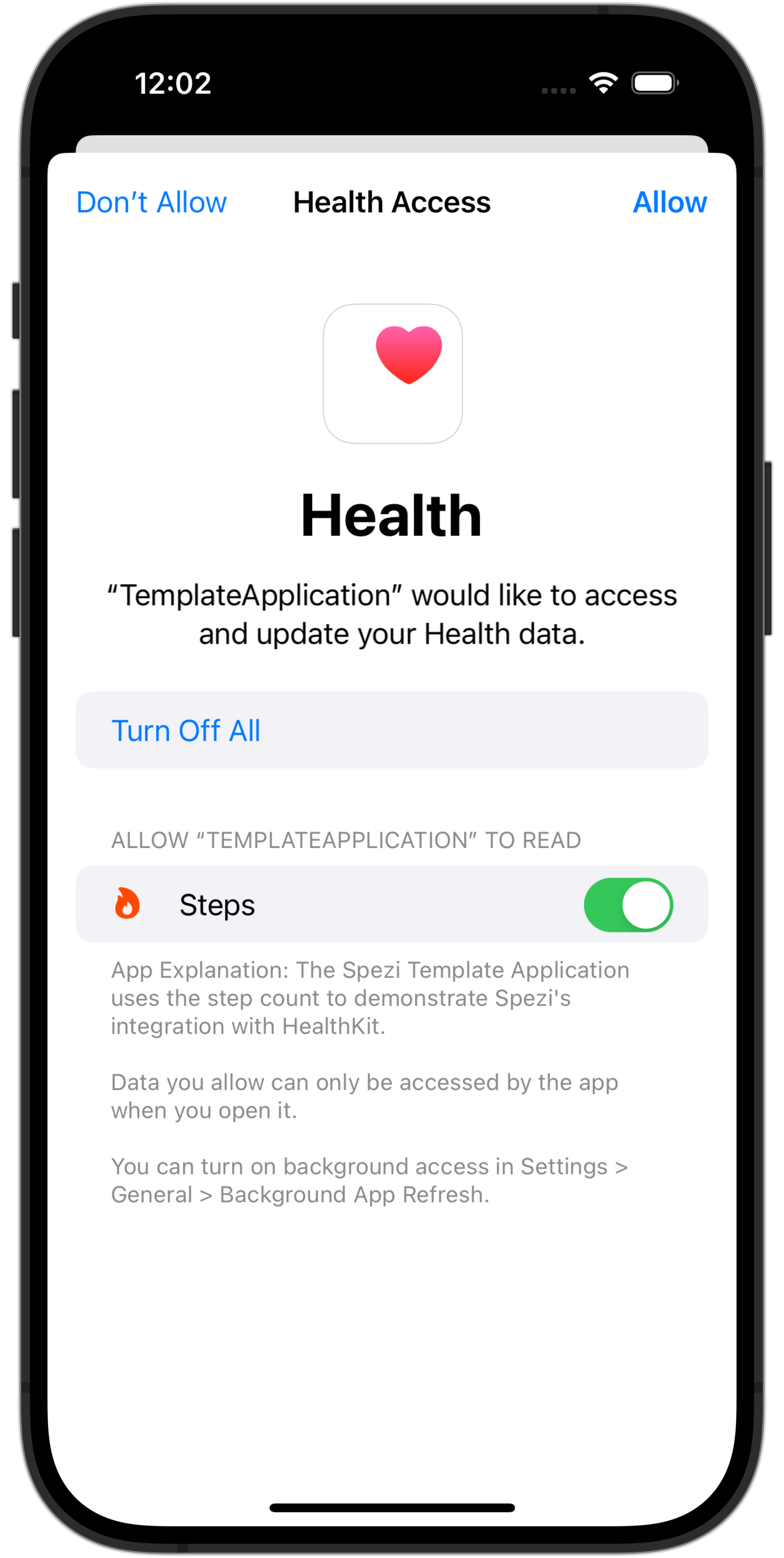 Permissions screen of the HealthKit framework