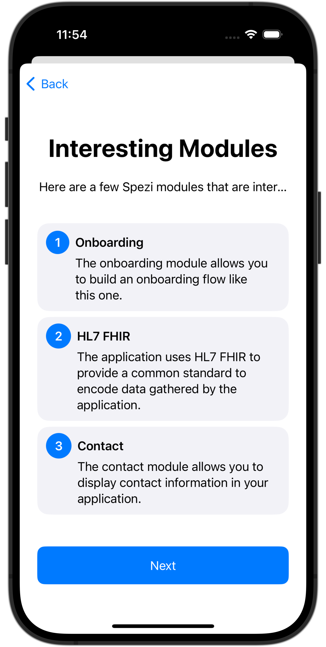 A screen showing an overview of the modules used in the Spezi Template Application.