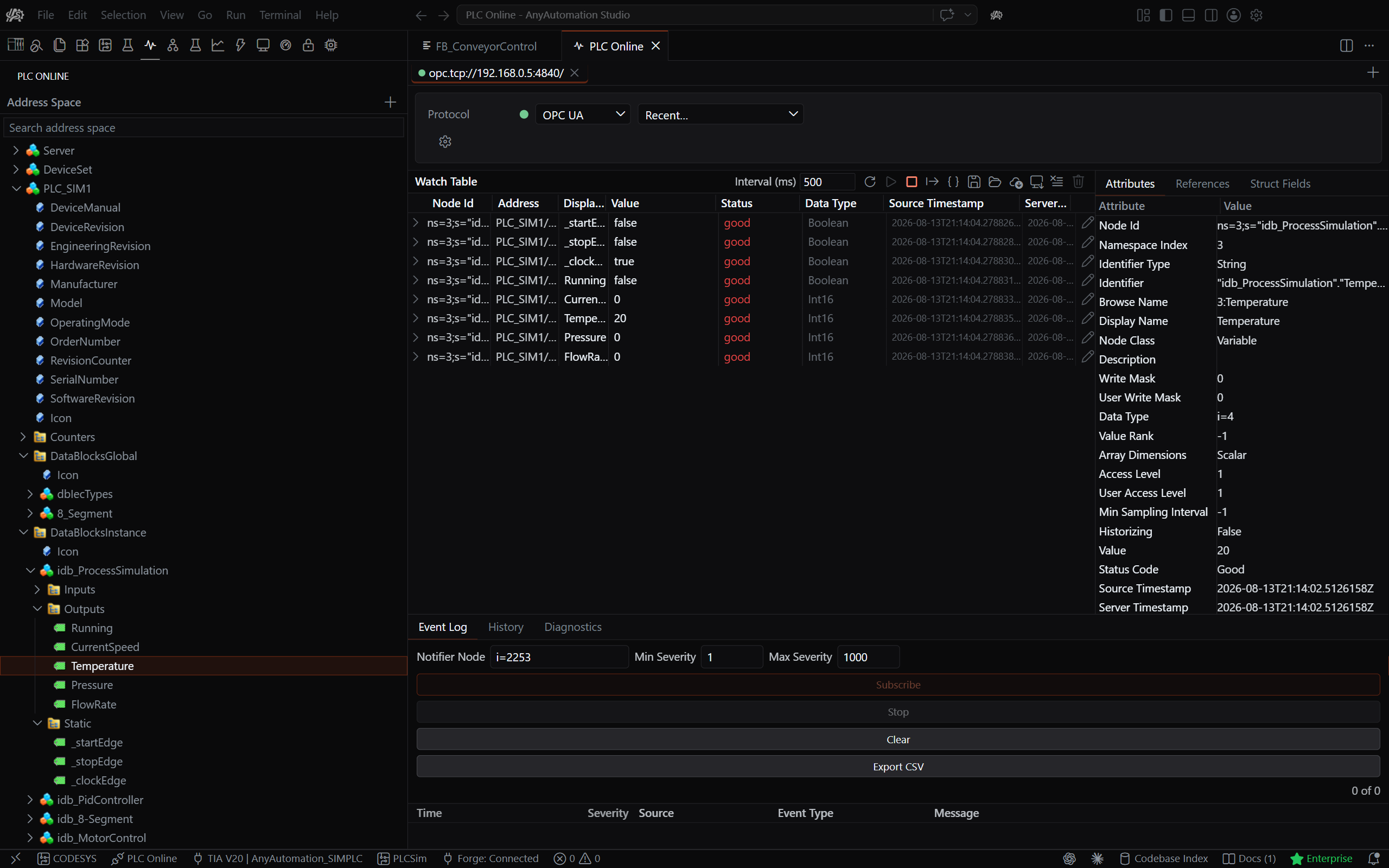 OPC UA address space and watch table