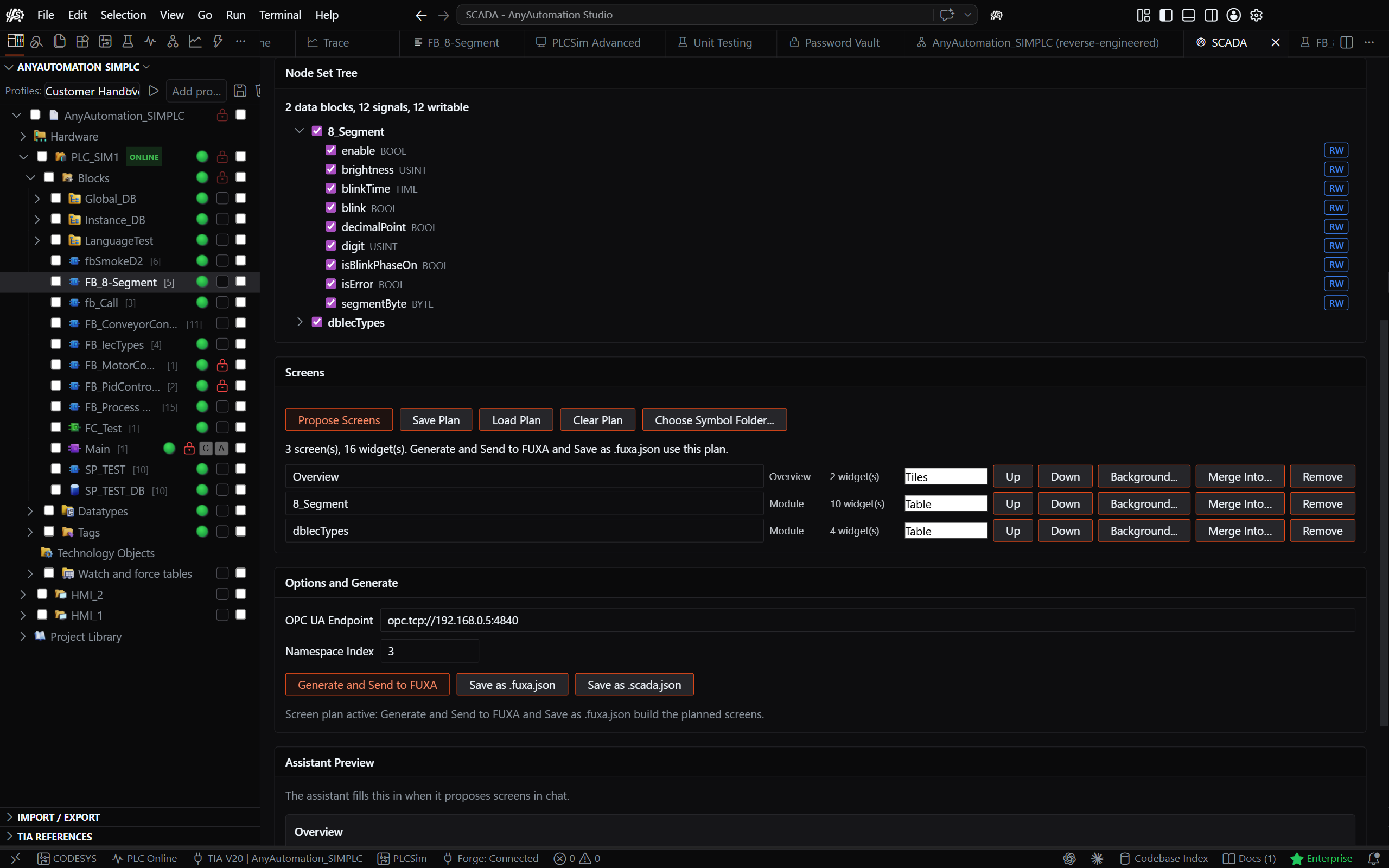 SCADA page with node selection and screen plan