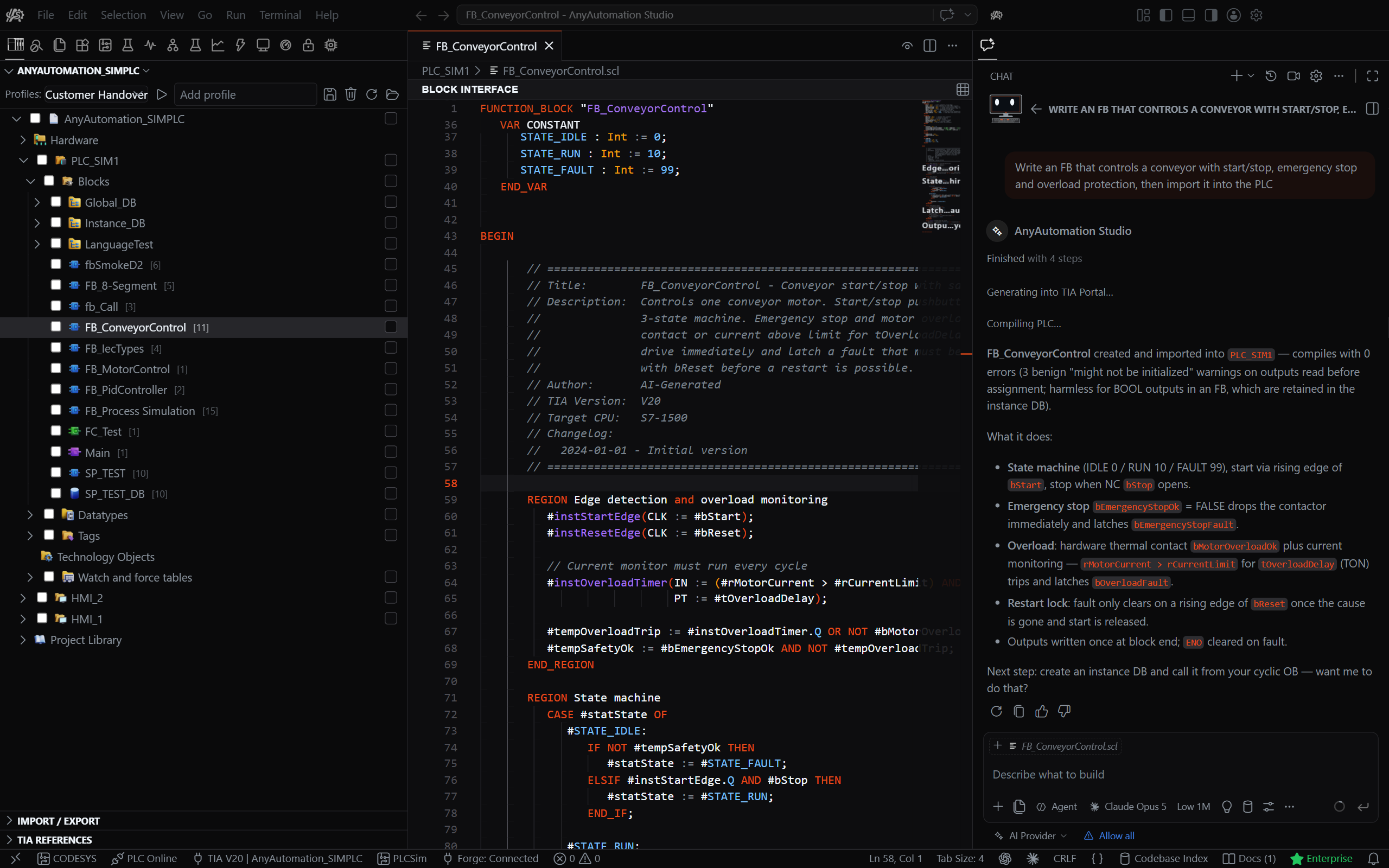 The AnyAutomation Studio workbench — Activity Bar, Project Explorer, editor area, AI Chat, and status bar