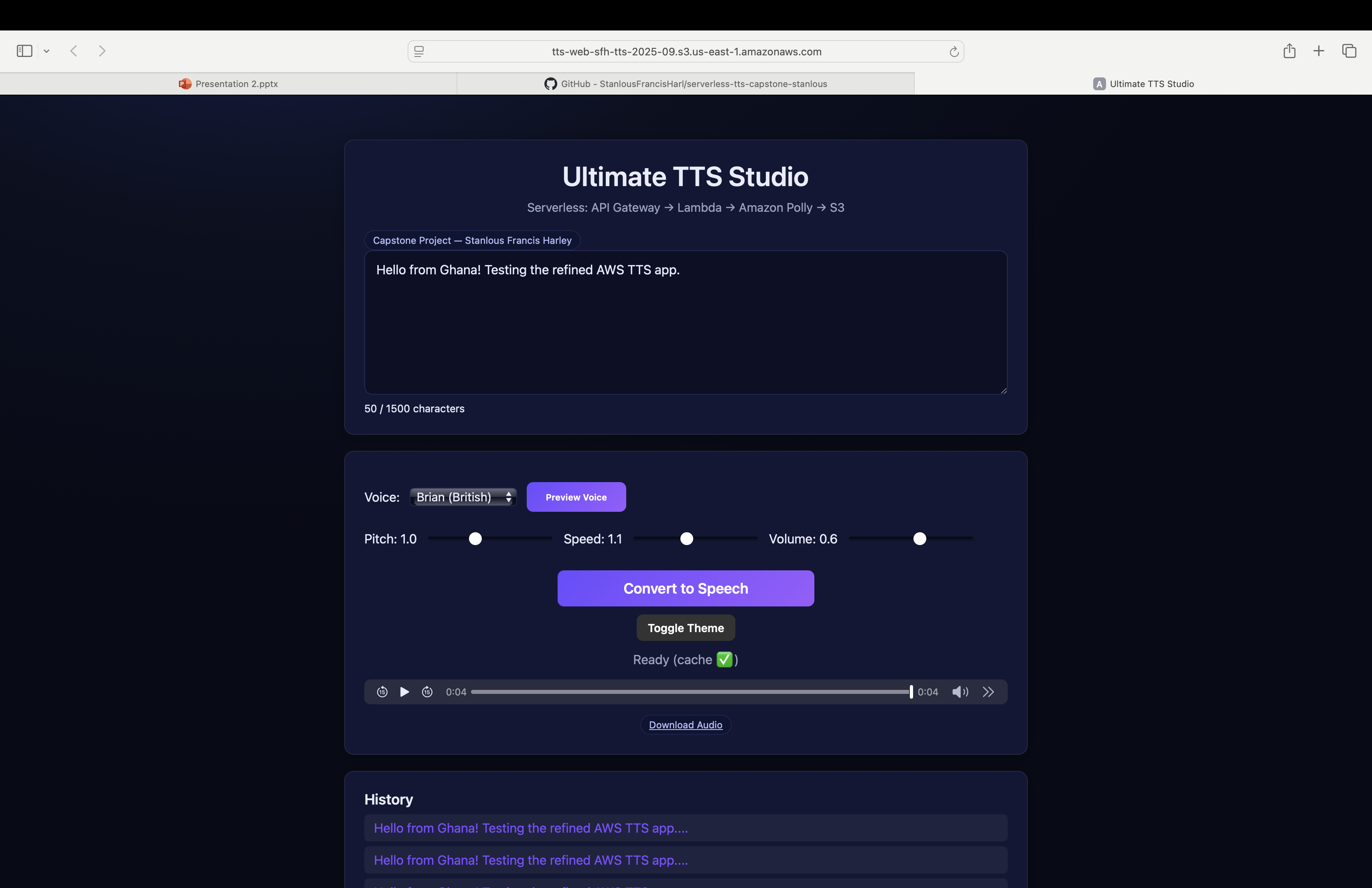 Final text-to-speech application screenshot from the GitHub repository