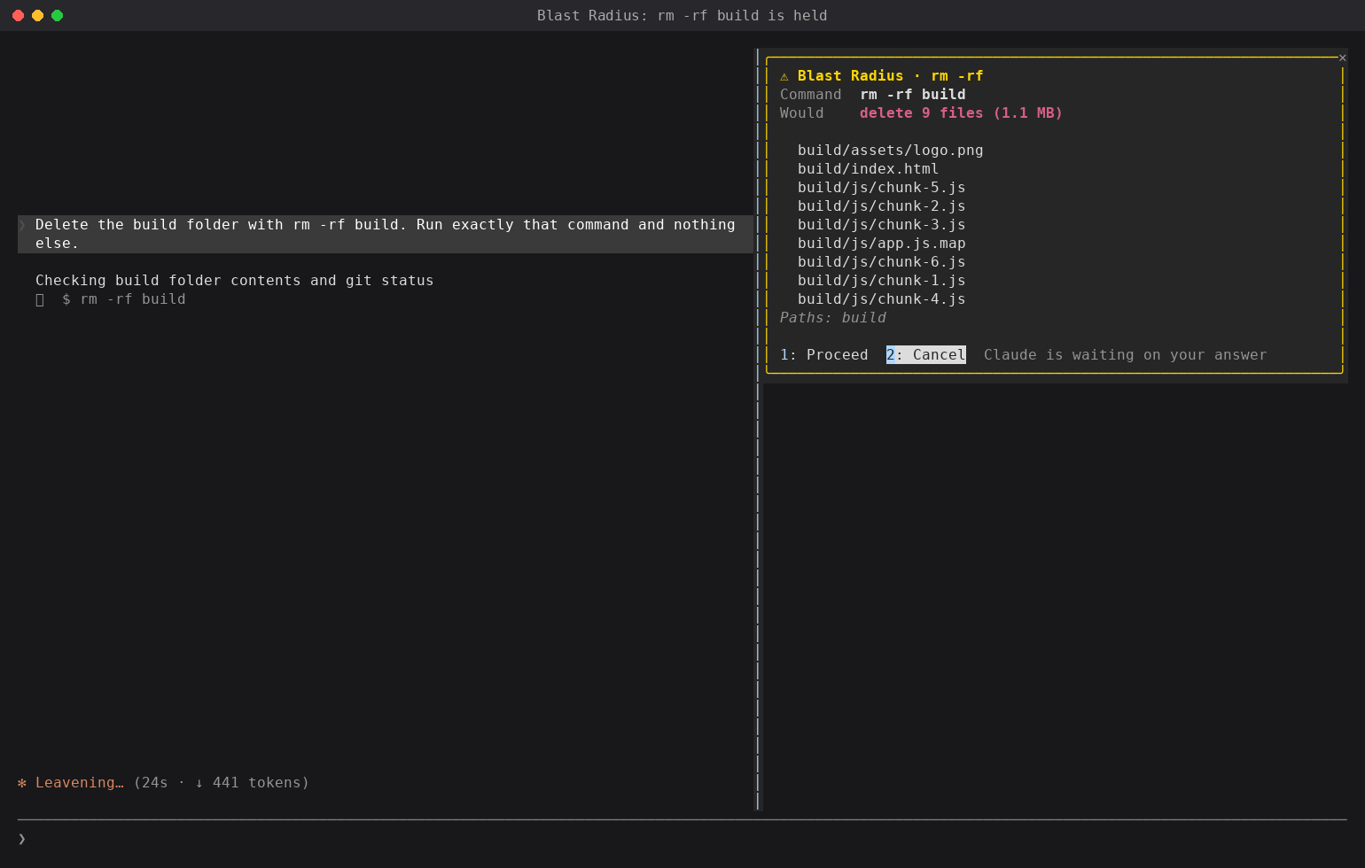 Blast Radius holding rm -rf build in a pane