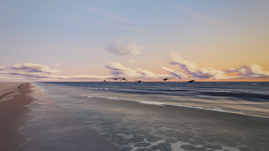Pelicans low over the water