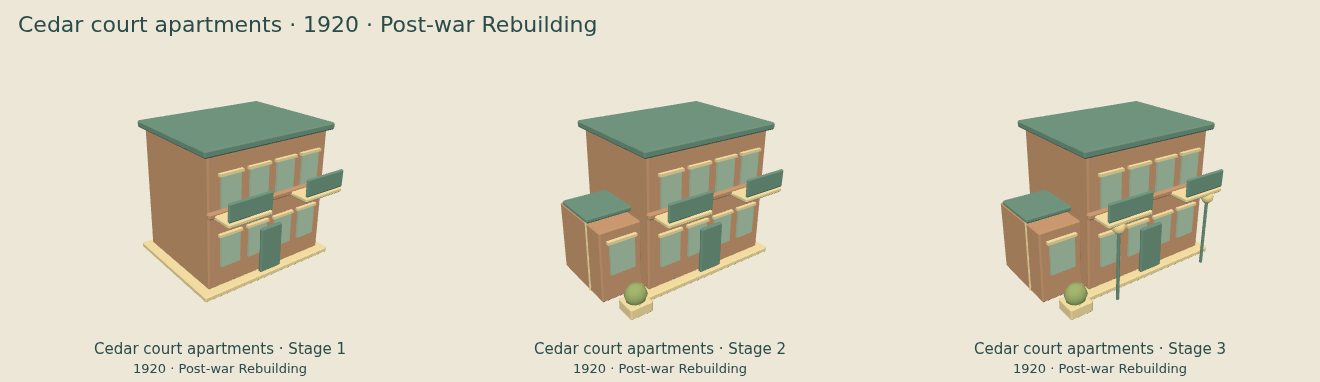 Cedar court apartments — Post-war Rebuilding upgrade comparison