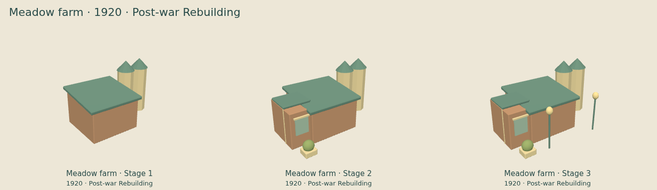 Meadow farm — Post-war Rebuilding upgrade comparison