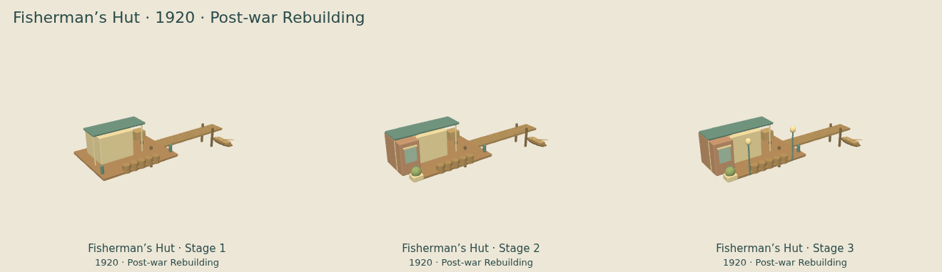 Fisherman’s Hut — Post-war Rebuilding upgrade comparison