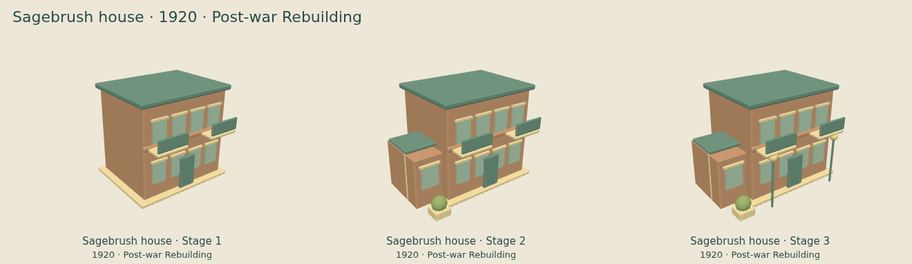 Sagebrush house — Post-war Rebuilding upgrade comparison