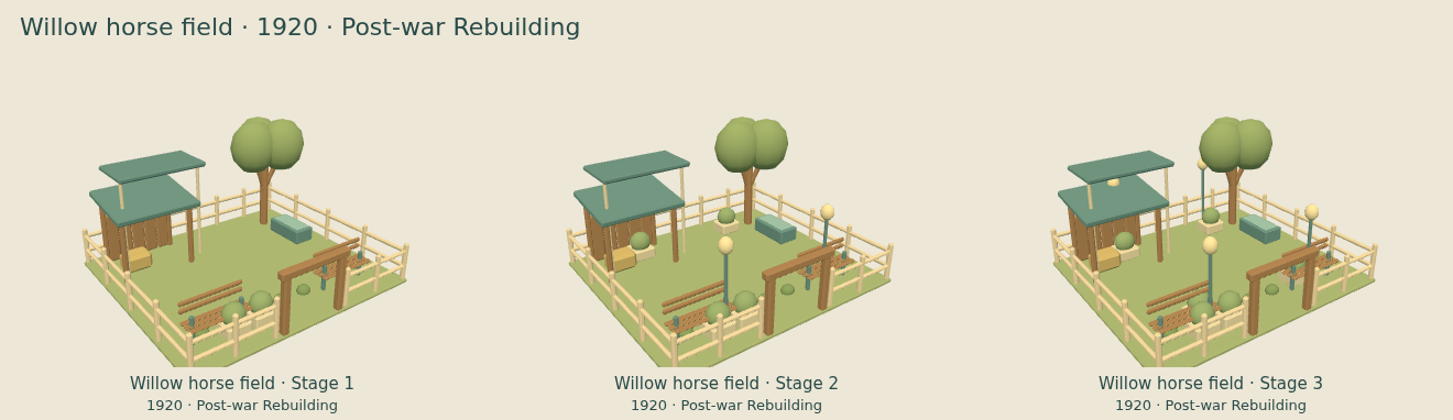 Willow horse field — Post-war Rebuilding upgrade comparison