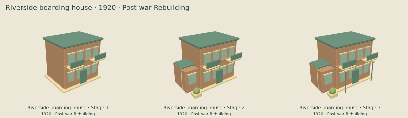 Riverside boarding house — Post-war Rebuilding upgrade comparison