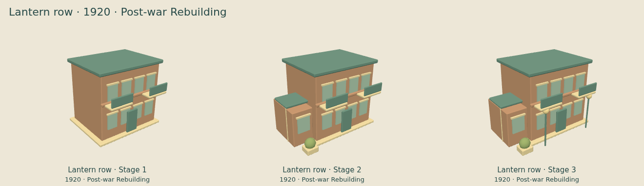 Lantern row — Post-war Rebuilding upgrade comparison
