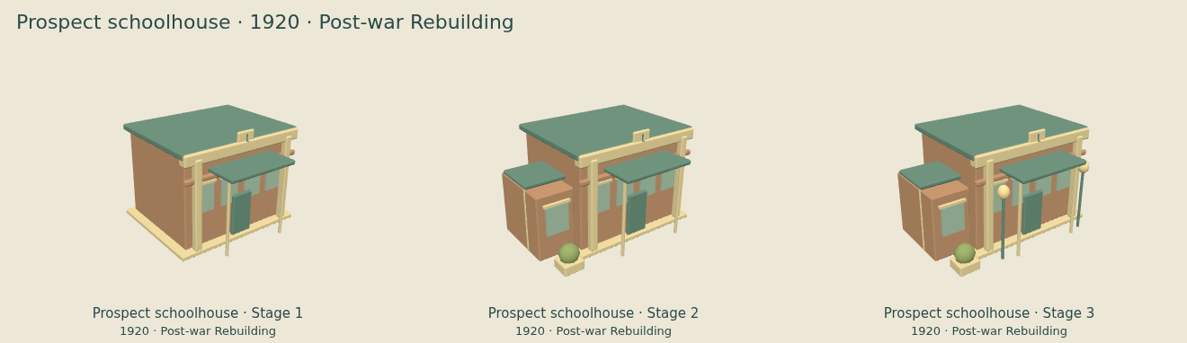 Prospect schoolhouse — Post-war Rebuilding upgrade comparison