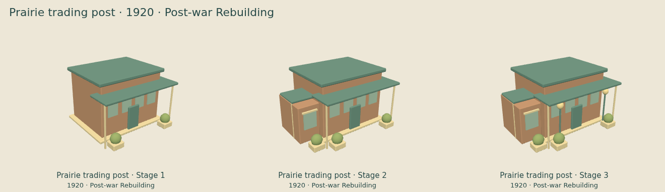 Prairie trading post — Post-war Rebuilding upgrade comparison
