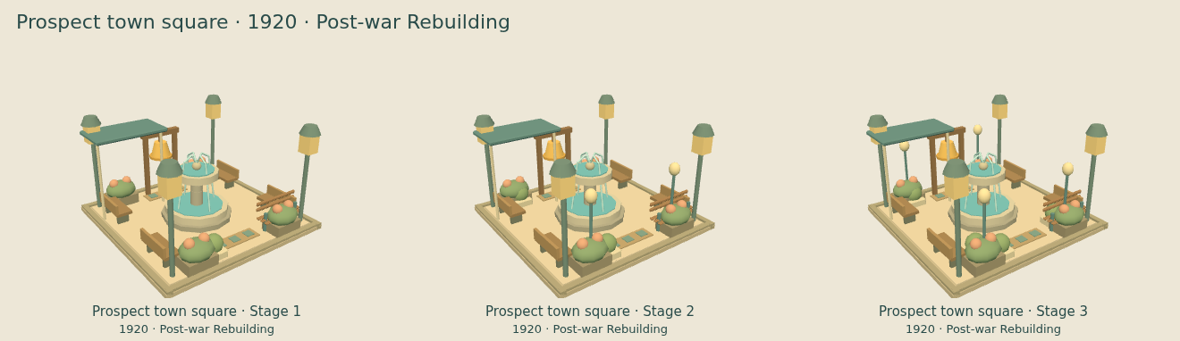 Prospect town square — Post-war Rebuilding upgrade comparison
